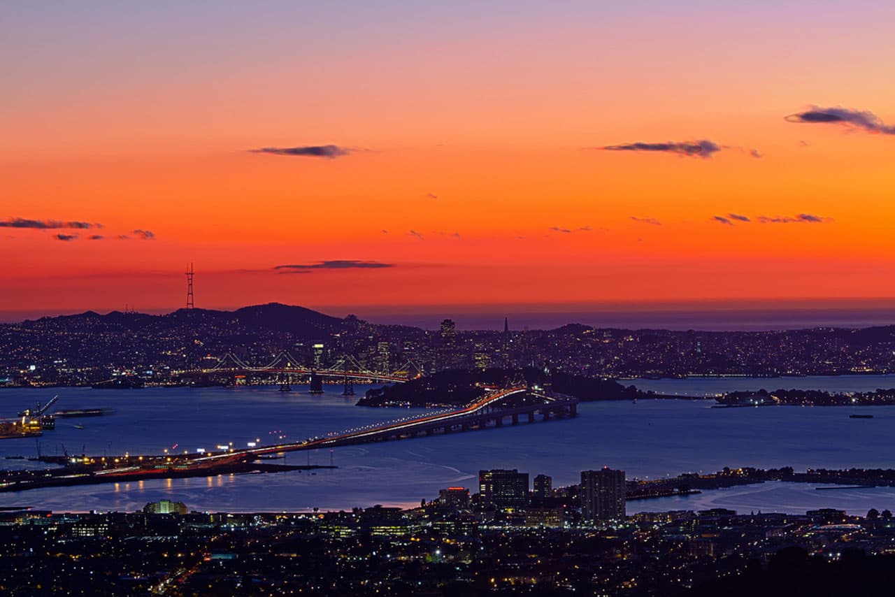 Sunset over the Bay Bridge and the San Francisco skyline, seen from the Berkeley hills