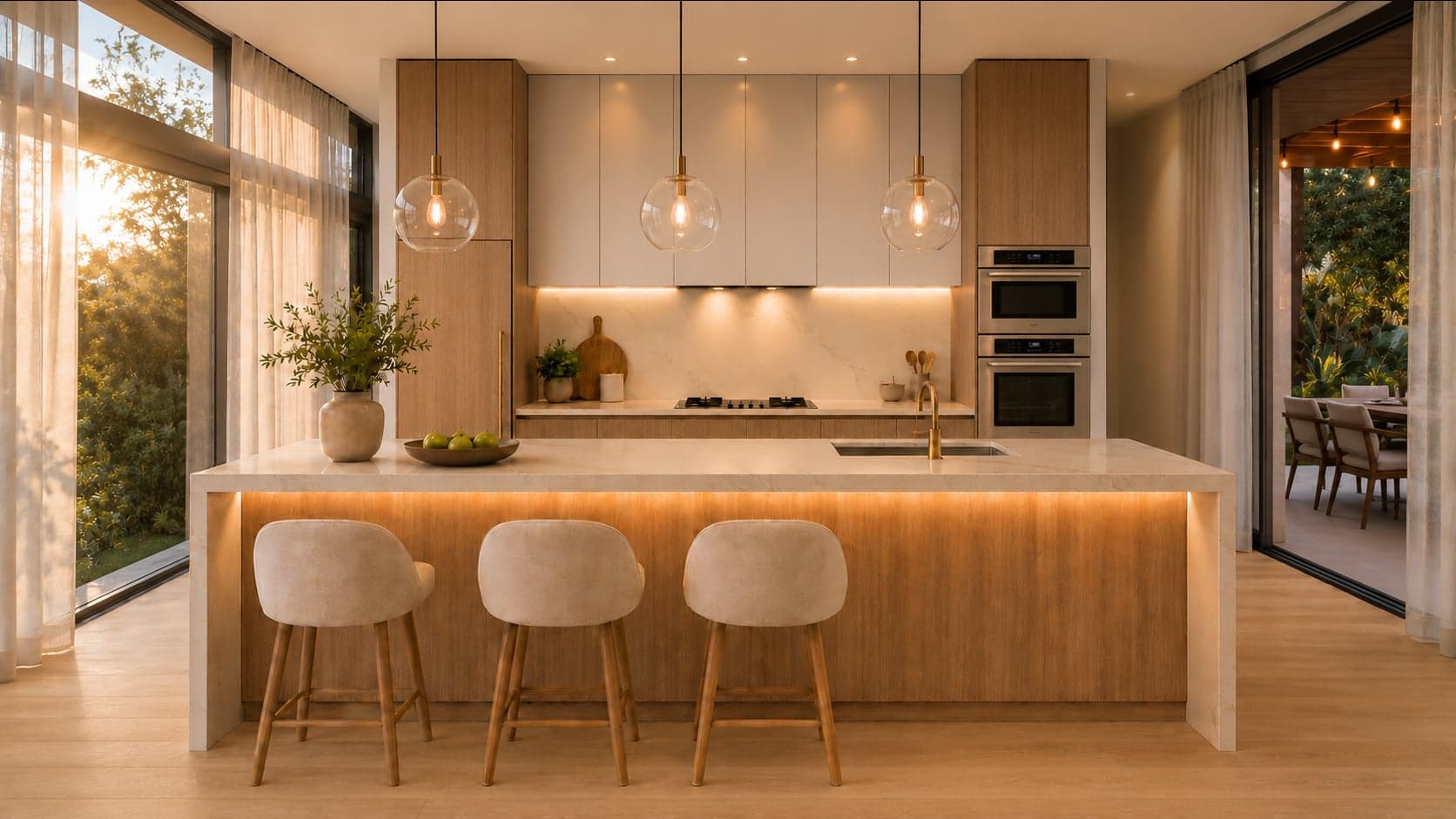 The kitchen, option A — pale wood and cream cabinetry, softly veined stone and glass globe pendants