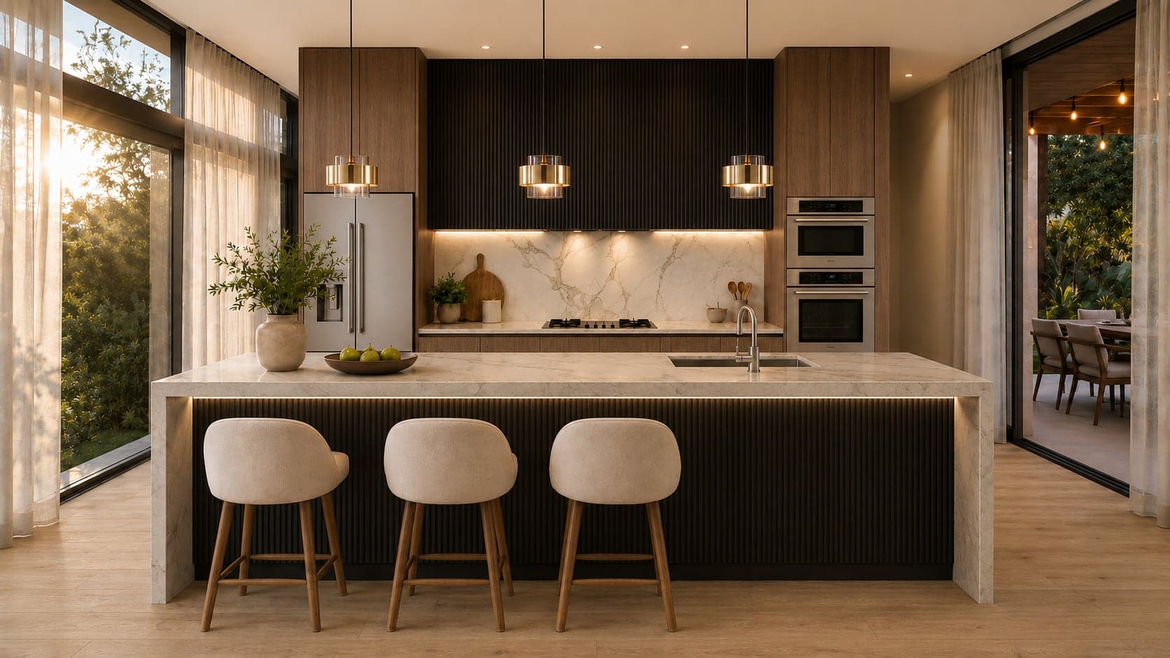The kitchen, option B — fluted dark wood, boldly veined stone and brass drum pendants
