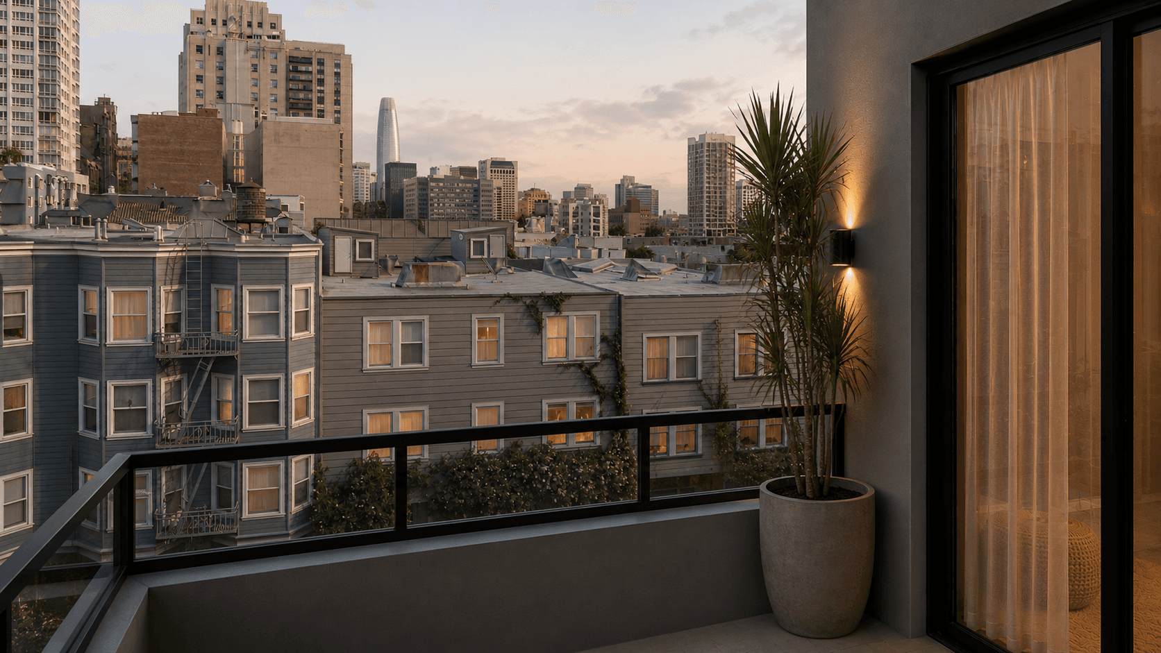 A private balcony at One Helen, the San Francisco skyline beyond at dusk