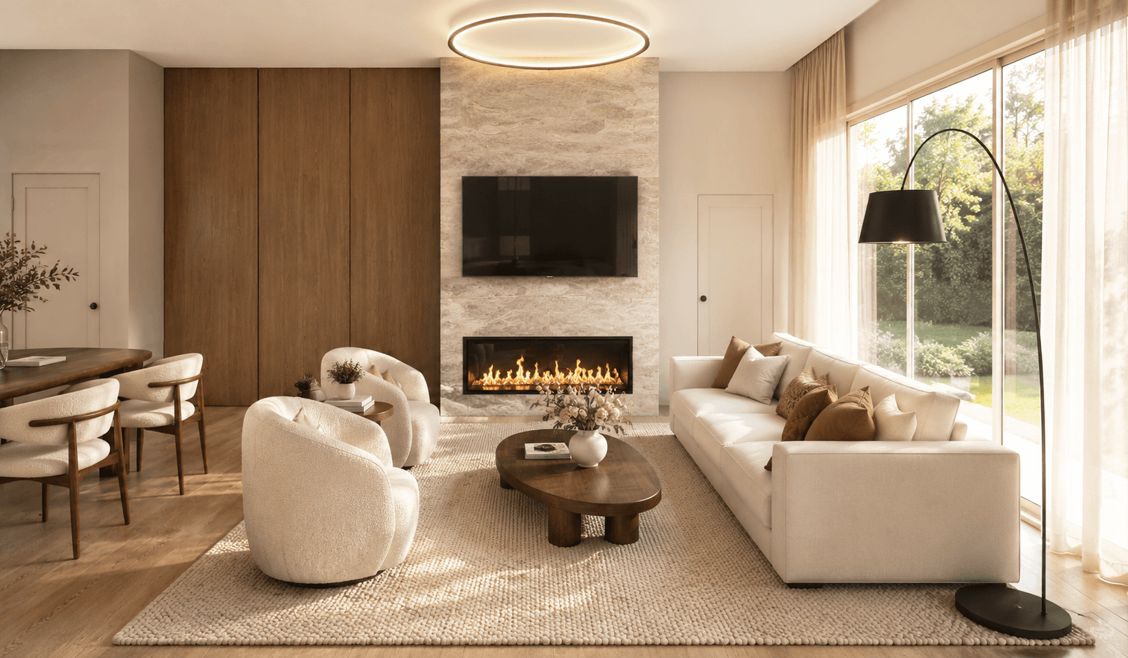 Living room with a linear fireplace set into the wall and a wide glass slider open to the planted patio