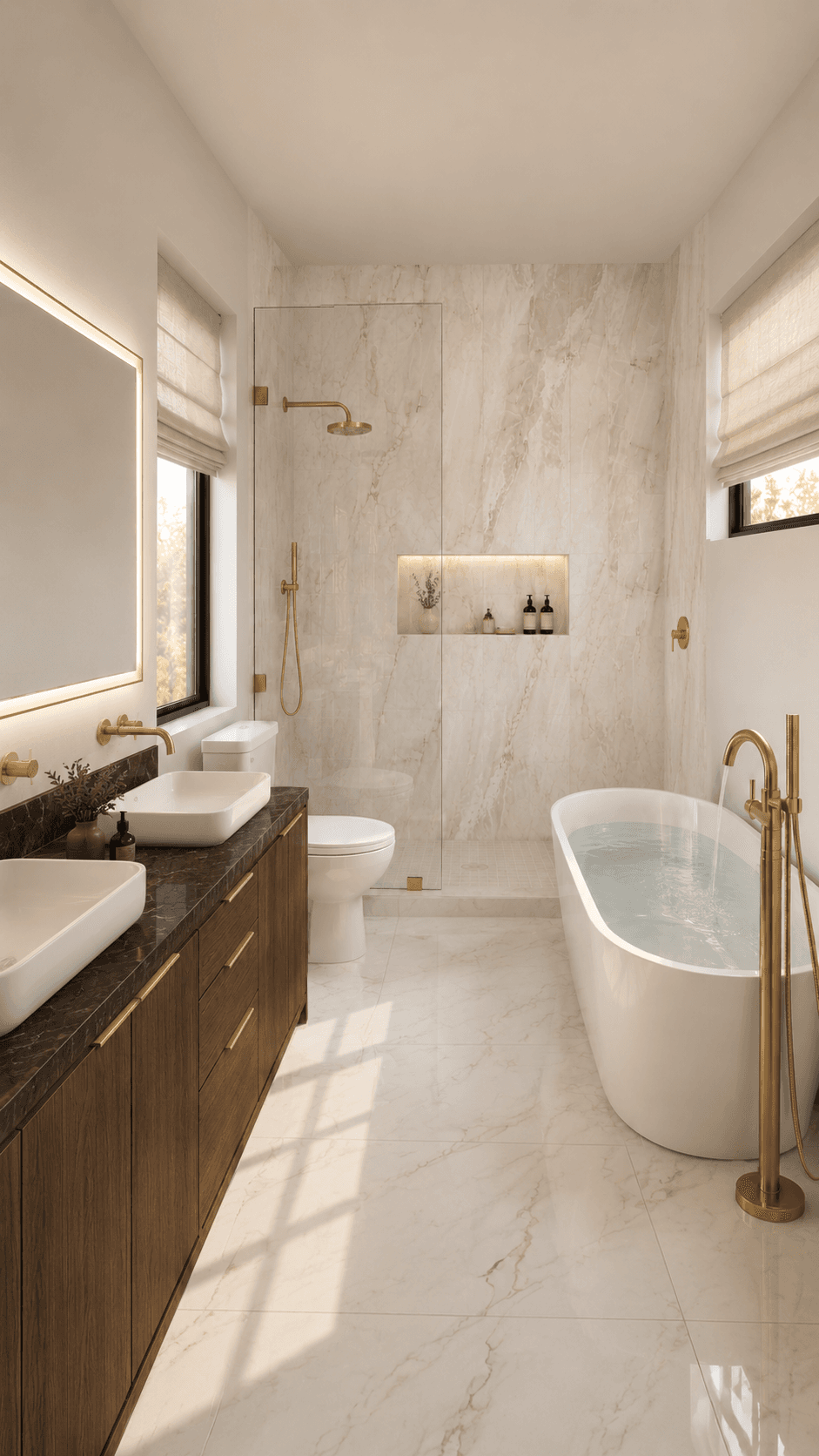 The primary bath at One Helen — marble, freestanding tub, and warm brass