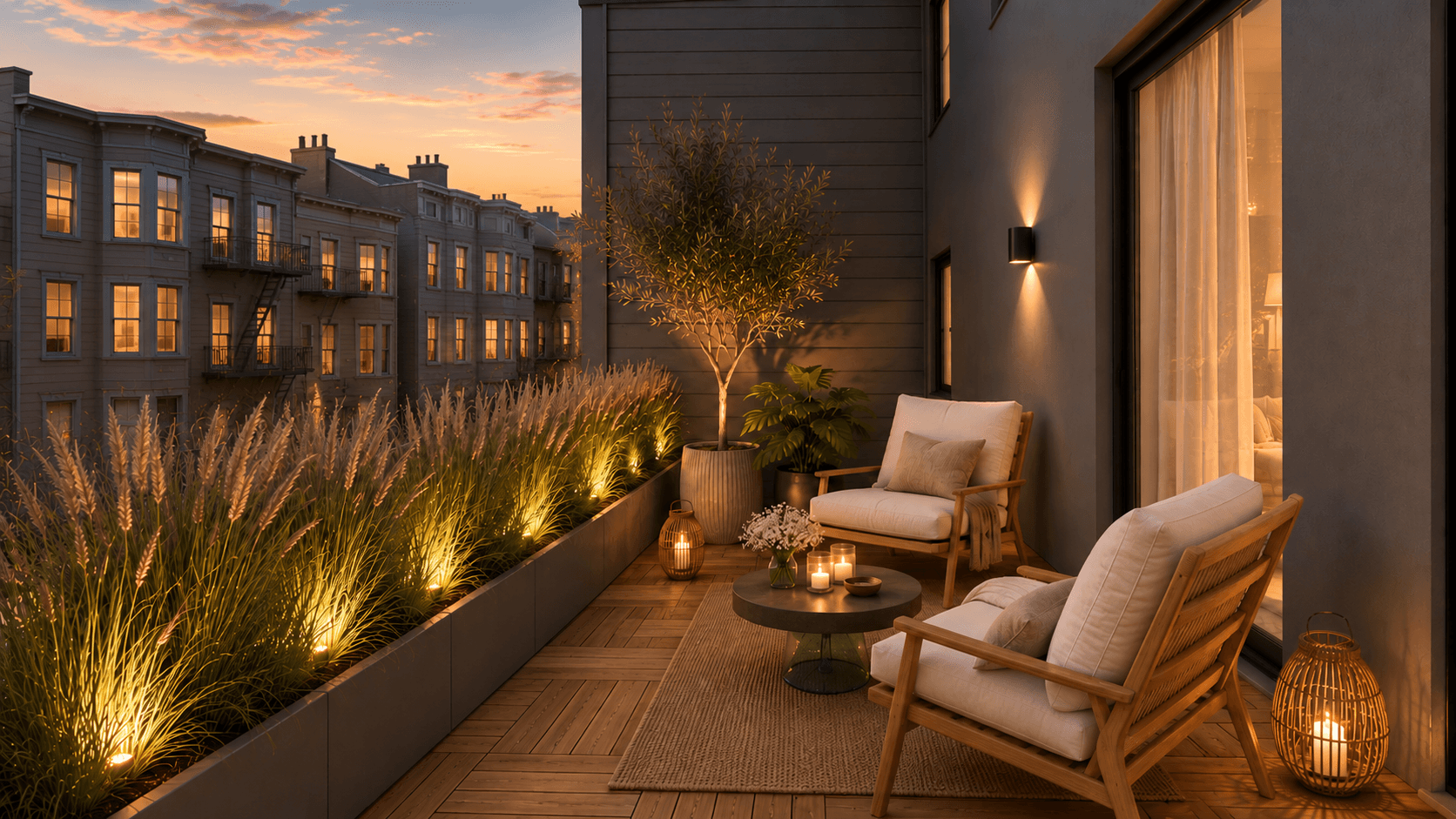 The terrace at dusk with lounge seating and city rooftops beyond