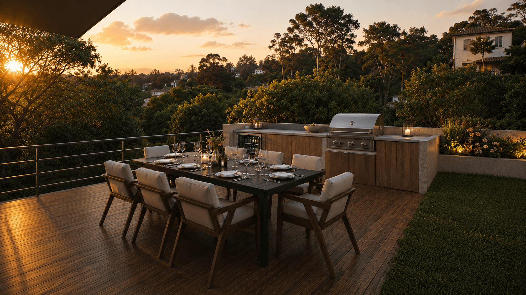 Outdoor kitchen and dining terrace at dusk overlooking the hillside